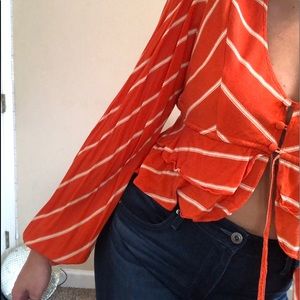FREE PEOPLE ORANGE STRIPED LONG SLEEVE BLOUSEY CROP TOP